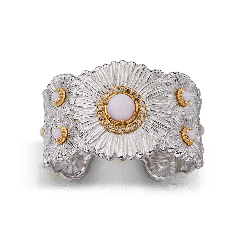 Buccellati Silver Pink Opal & Diamond Daisy Cuff Bracelet